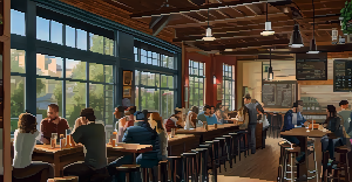 Interior view of Craft Brew Co, with patrons at wooden tables enjoying craft beers, warm lighting, and local artwork on the walls.