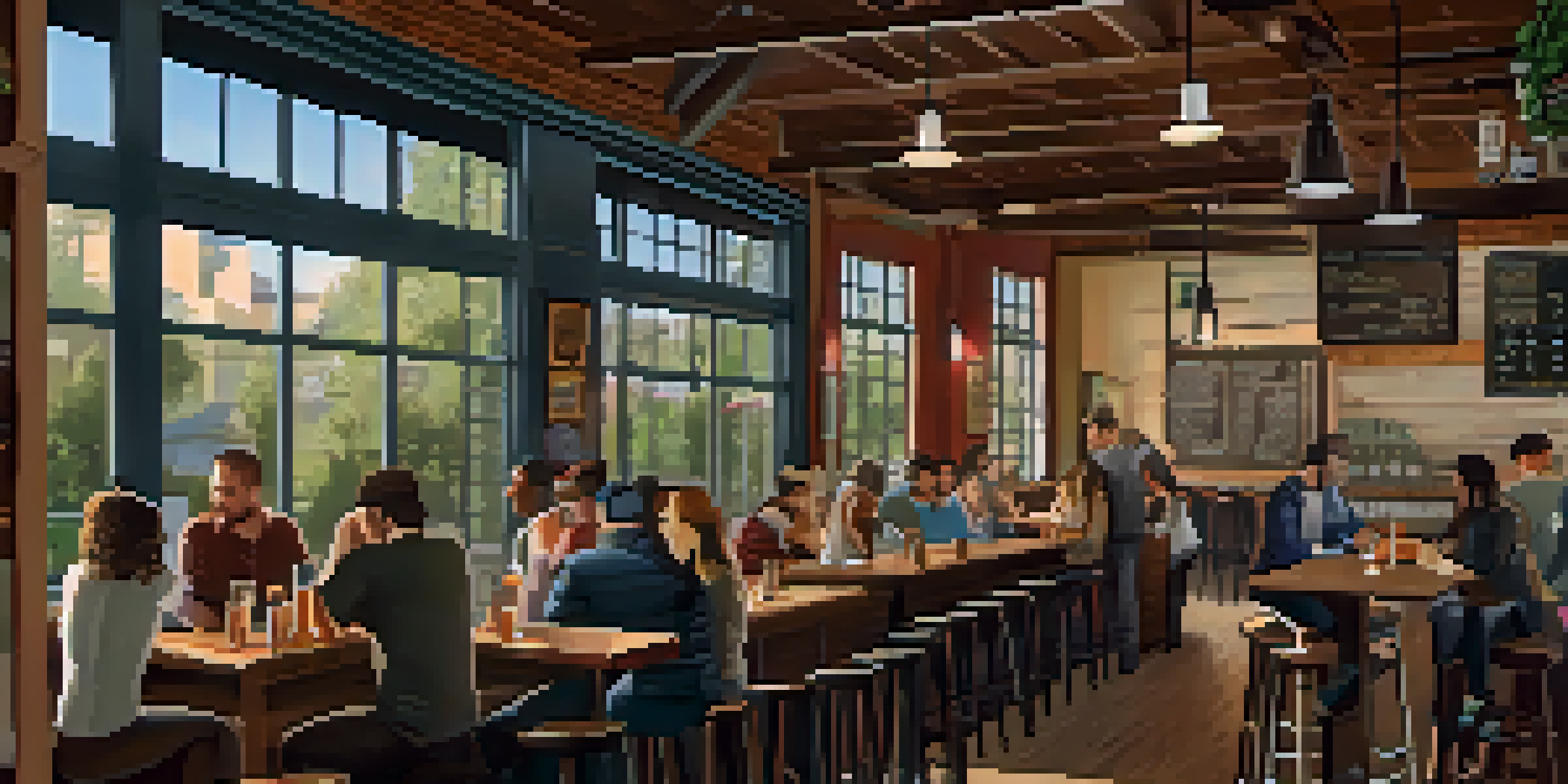 Interior view of Craft Brew Co, with patrons at wooden tables enjoying craft beers, warm lighting, and local artwork on the walls.