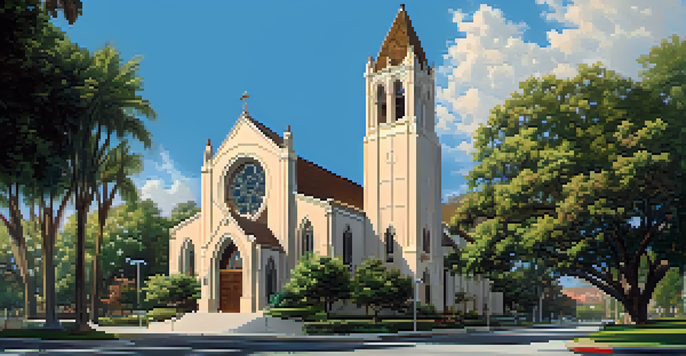 An exterior view of First Congregational Church in Pasadena, highlighting its Gothic Revival architecture, tall steeple, and colorful stained glass windows amidst greenery.
