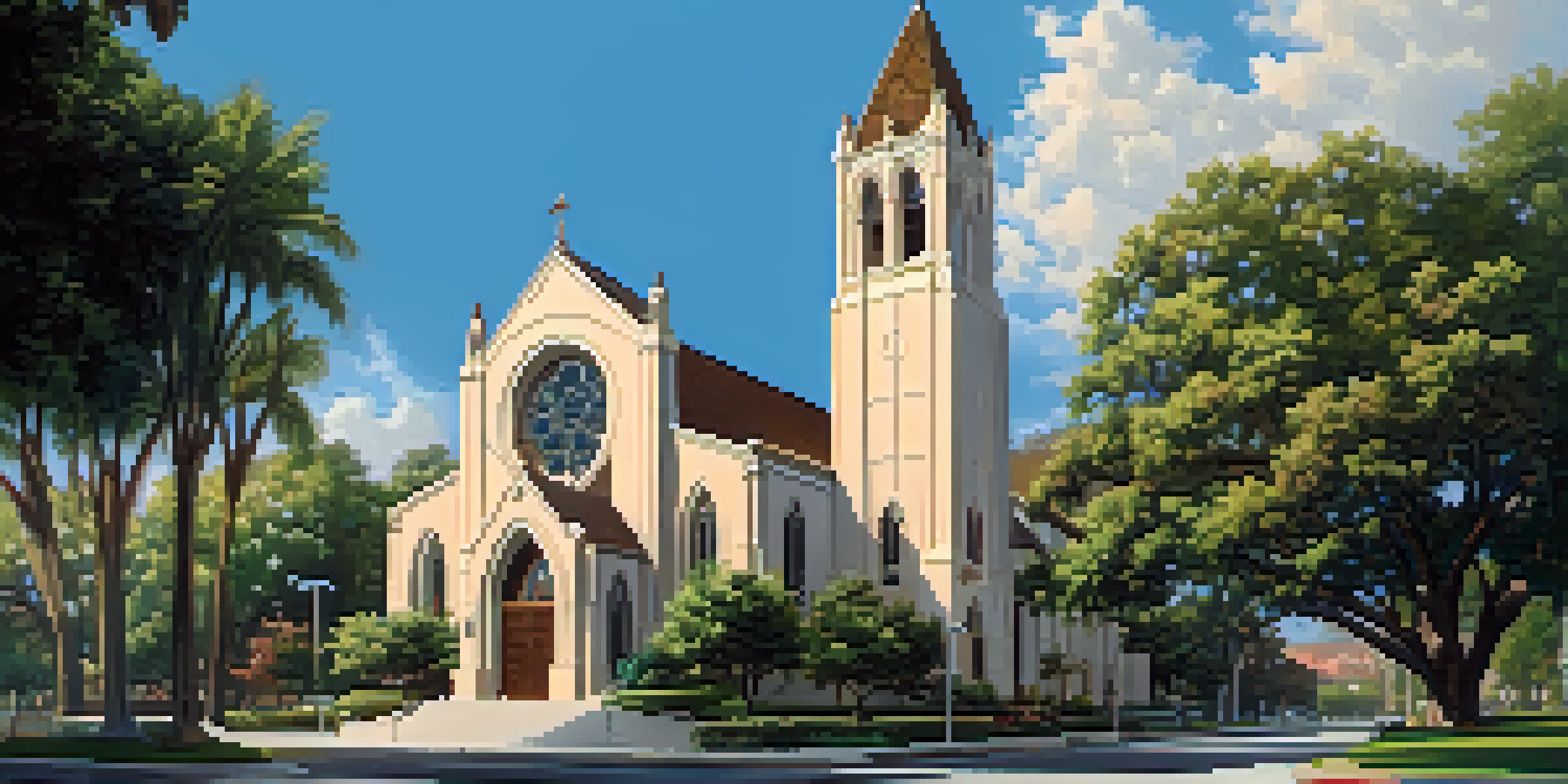 An exterior view of First Congregational Church in Pasadena, highlighting its Gothic Revival architecture, tall steeple, and colorful stained glass windows amidst greenery.
