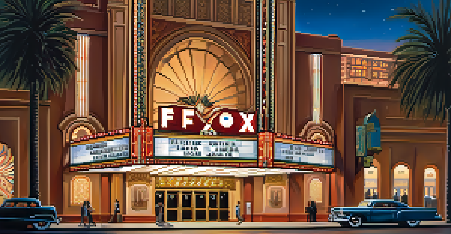 Fox Theatre exterior at dusk with illuminated marquee and palm trees.