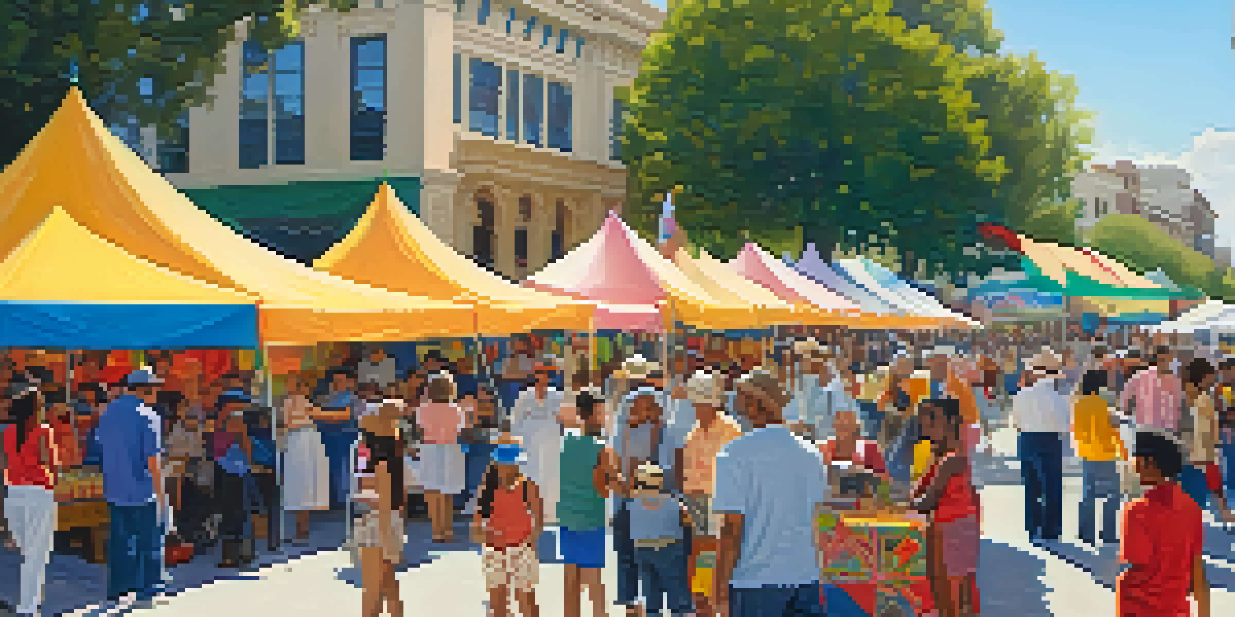 A lively community festival in Pasadena with diverse residents, colorful tents, local art, and families enjoying music and food under a blue sky.