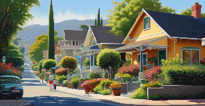 An inviting street in Pasadena featuring Craftsman-style homes surrounded by blooming gardens and sunny weather, with people walking and chatting.