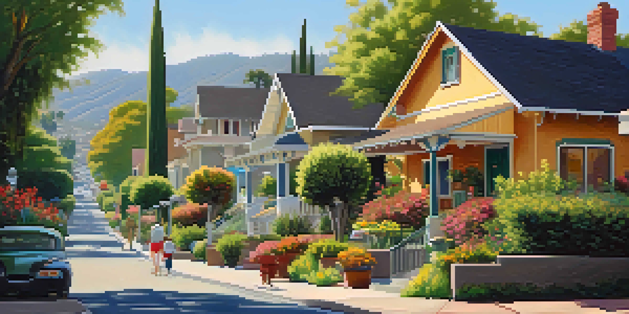 An inviting street in Pasadena featuring Craftsman-style homes surrounded by blooming gardens and sunny weather, with people walking and chatting.