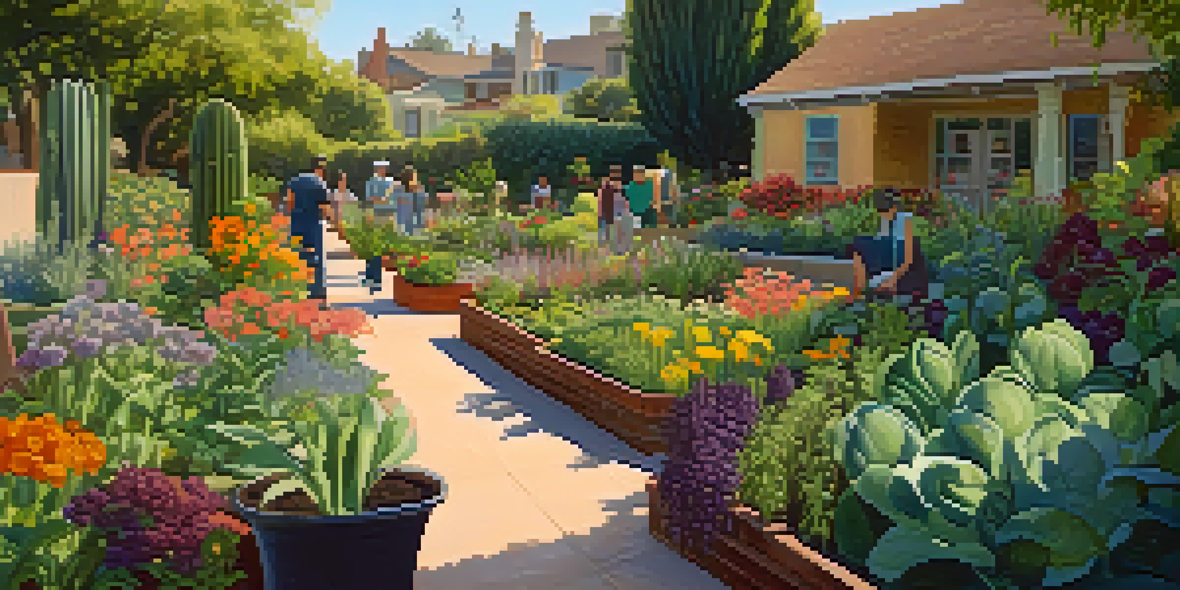 A lively community garden in Pasadena with people working together among various plants and flowers, surrounded by beautiful architecture and warm sunlight.