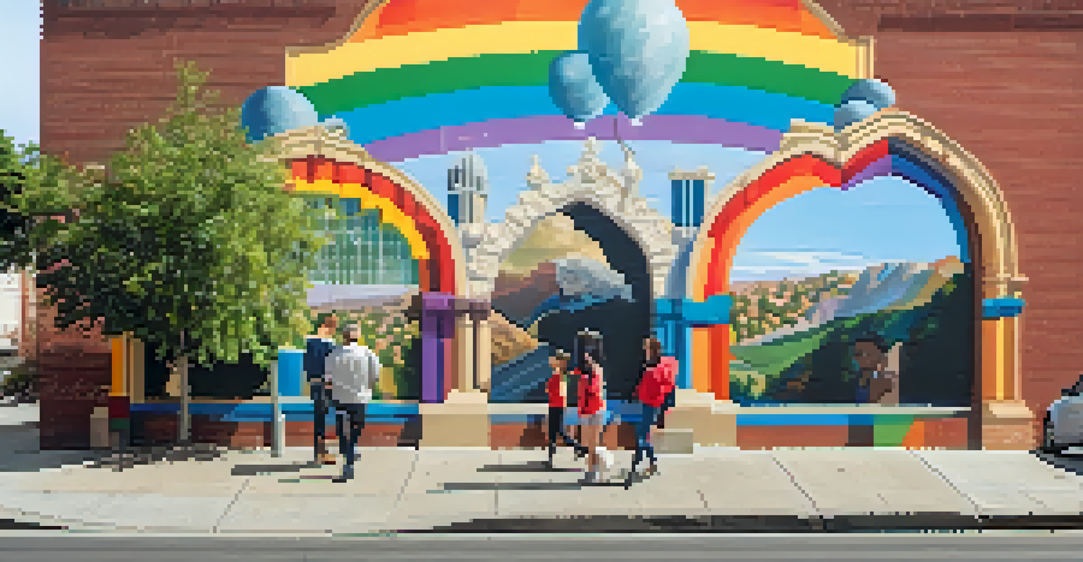 A colorful mural representing LGBTQ+ identity on a brick building in Pasadena.
