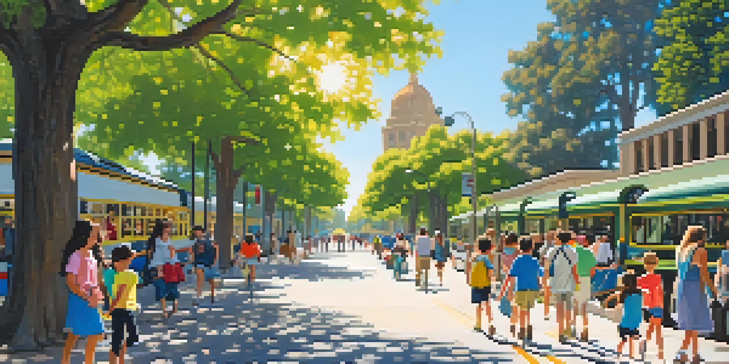 A lively urban scene in Pasadena with families walking and children on bicycles, surrounded by greenery and electric buses.