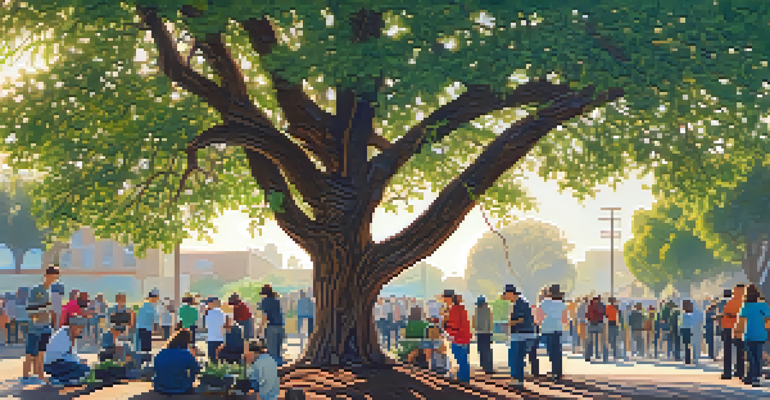 A close-up of a native Californian tree with textured bark and green leaves, with volunteers planting saplings in the background.