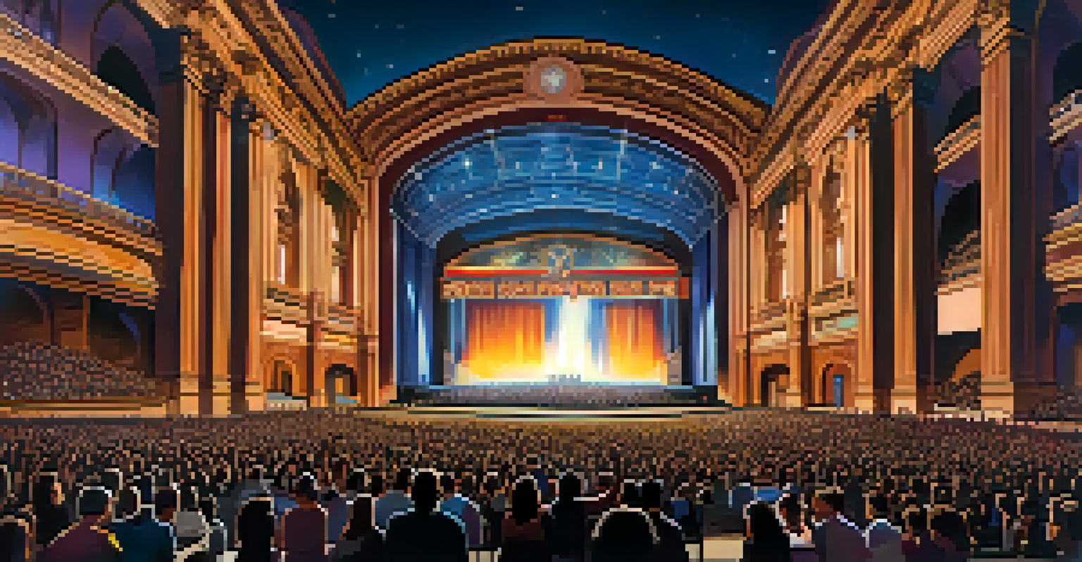 A vibrant concert scene at the historic Pasadena Civic Auditorium with colorful lights and an excited crowd.