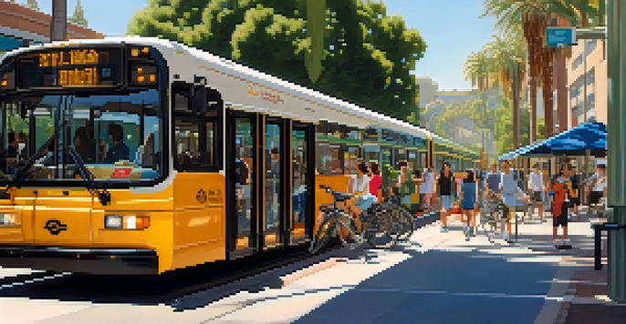 A busy urban transportation hub in Pasadena with buses, trains, and bike-sharing stations, filled with diverse people and greenery under bright sunlight.