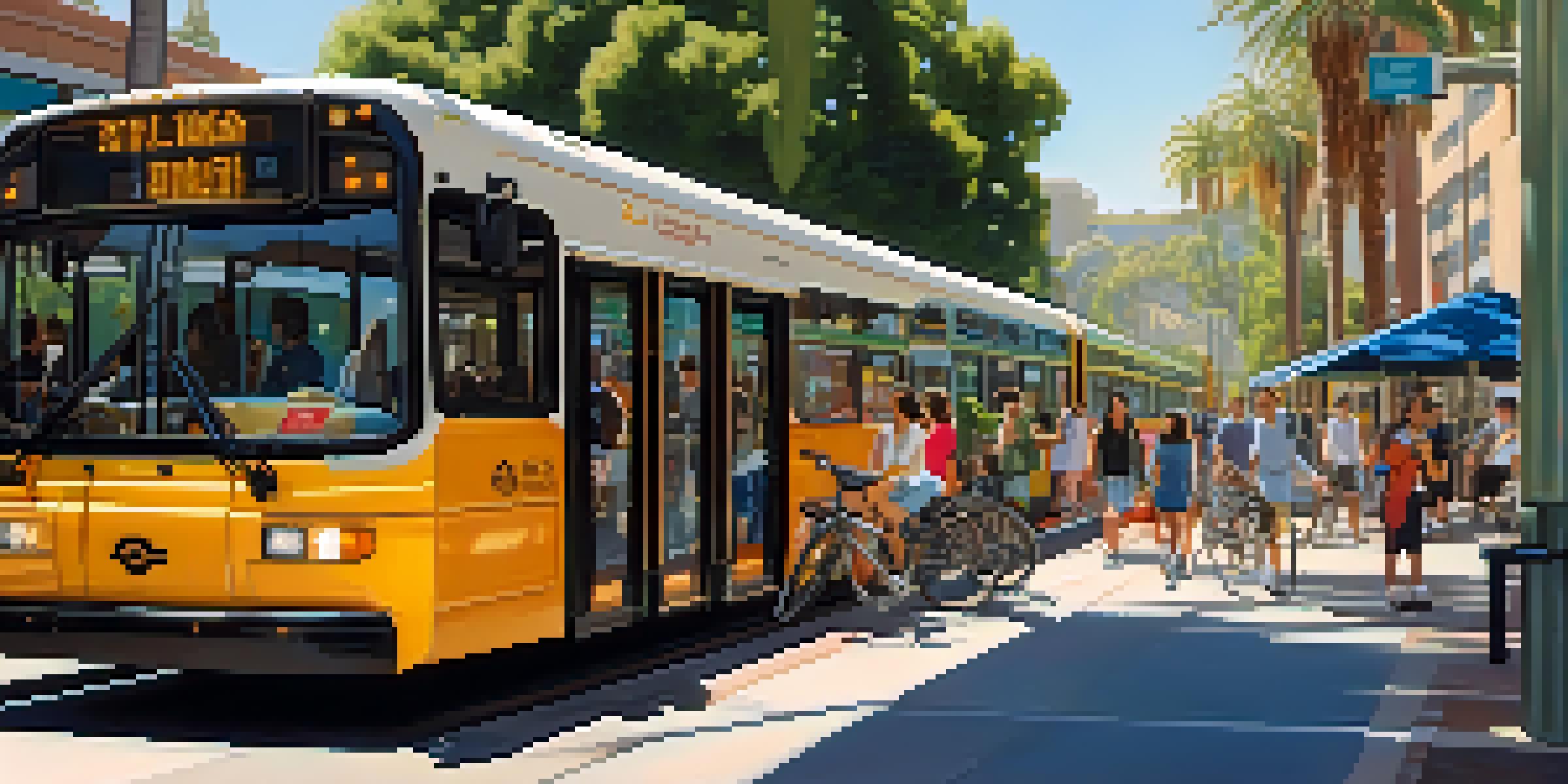 A busy urban transportation hub in Pasadena with buses, trains, and bike-sharing stations, filled with diverse people and greenery under bright sunlight.