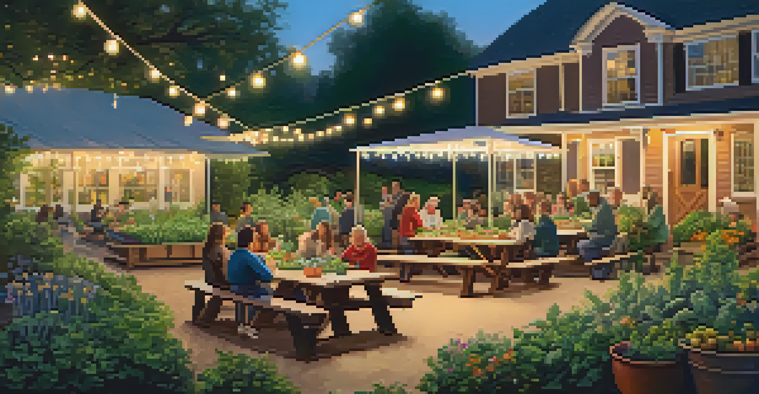 A community garden at dusk with neighbors sharing a meal at a picnic table, surrounded by twinkling string lights and lush plants.