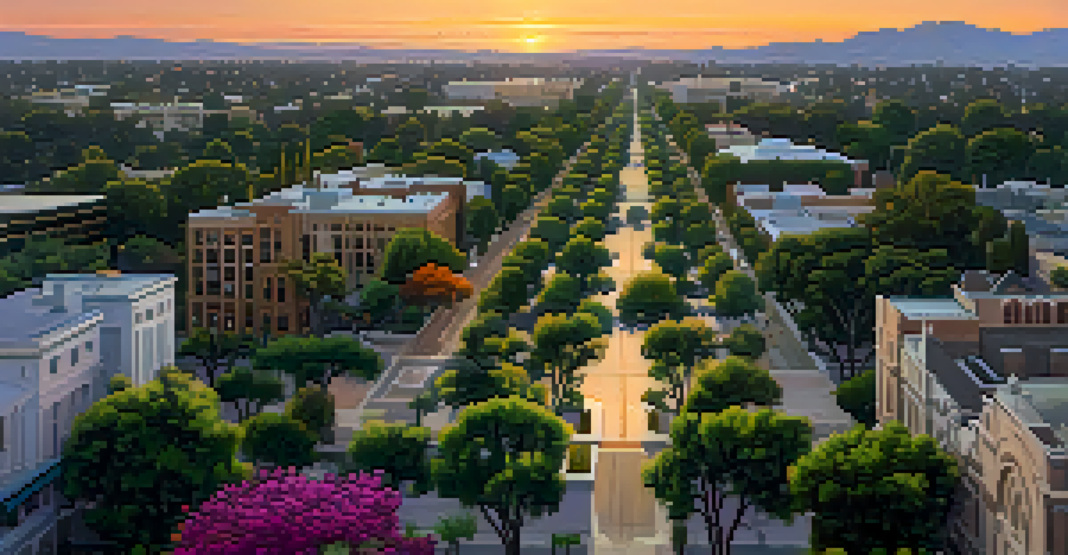 An aerial view of Pasadena with heritage trees and urban buildings at sunset.