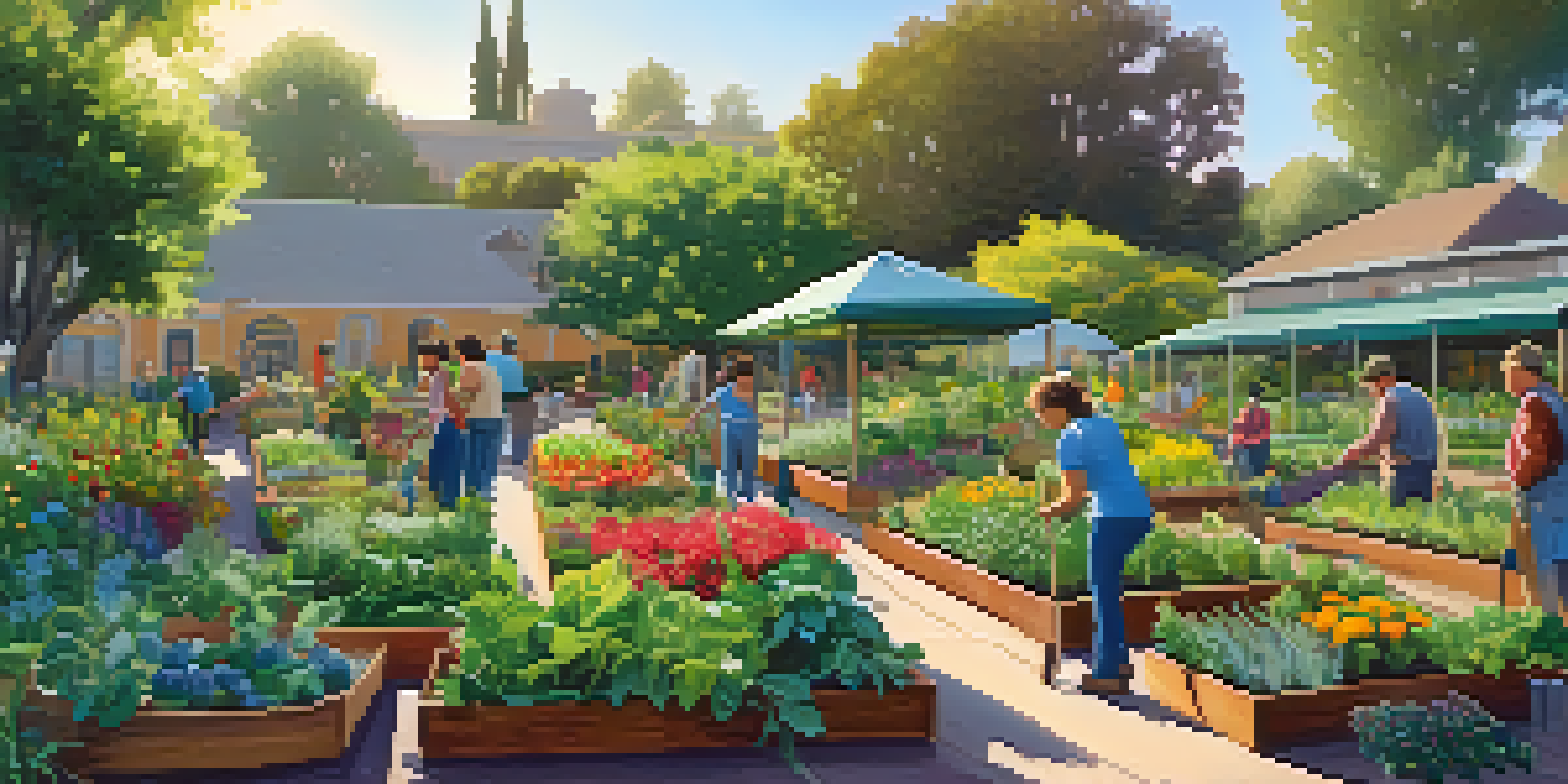 A lively community garden in Pasadena with diverse plants and gardeners working together under soft sunlight.