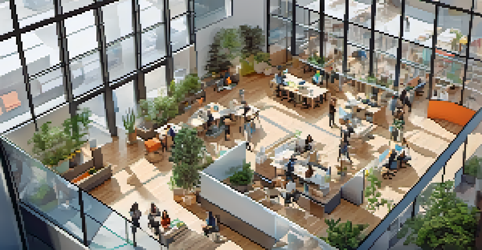 An aerial view of a vibrant tech incubator in Pasadena with entrepreneurs collaborating.