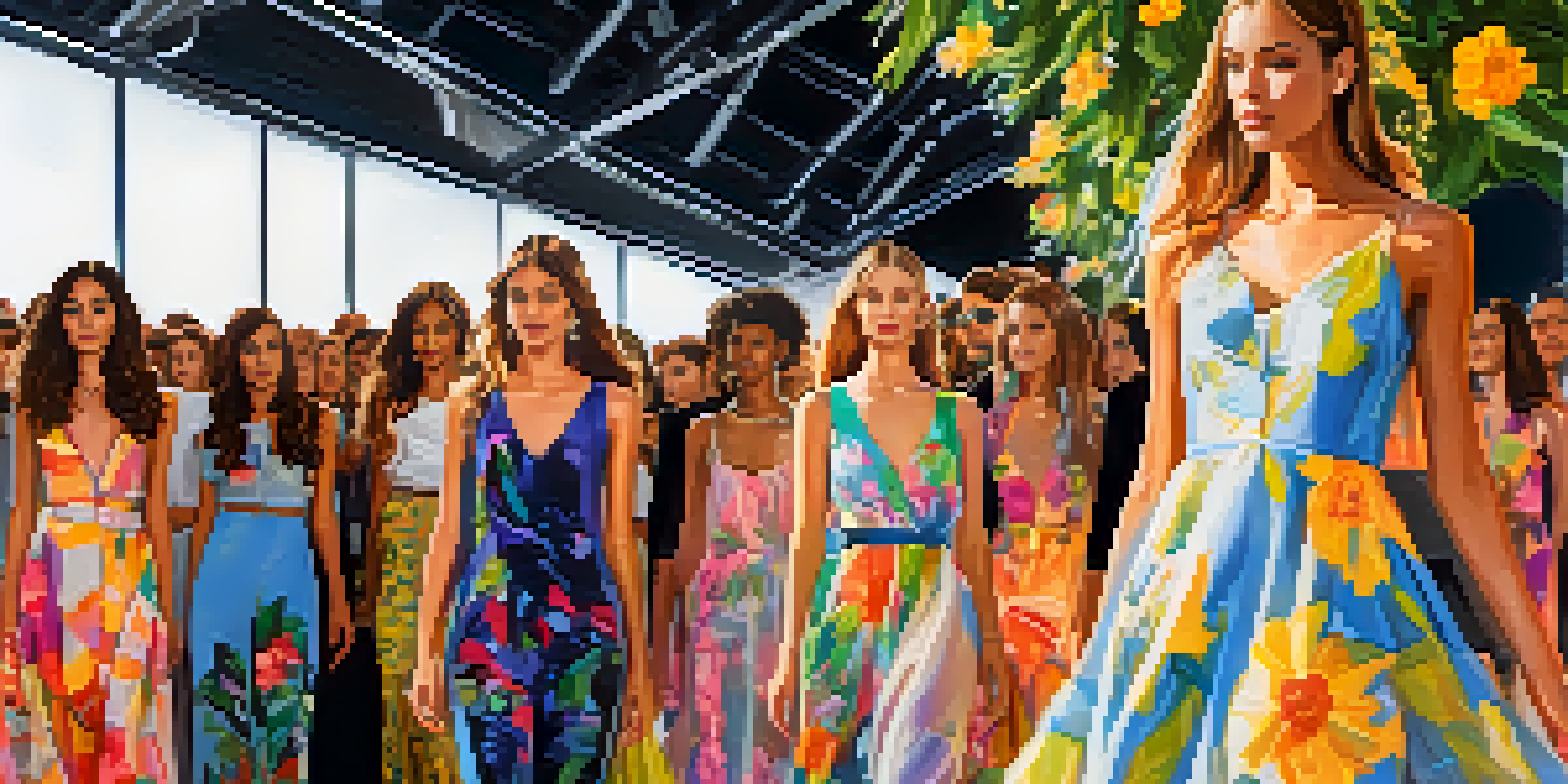 A lively fashion show in Pasadena with models displaying colorful sustainable fashion on a flower-adorned runway.