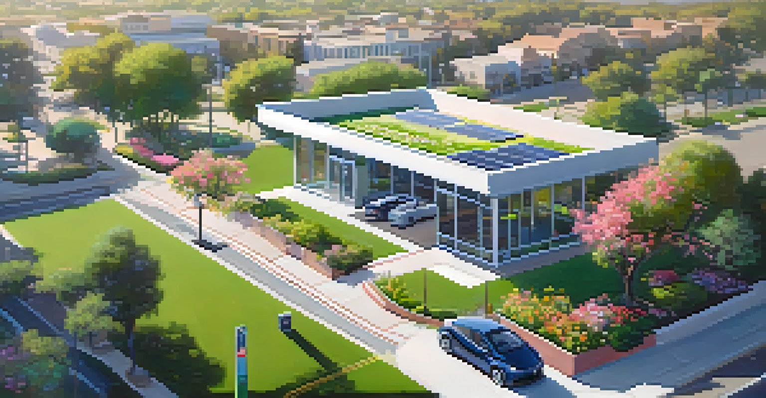 Aerial view of Pasadena with an electric vehicle charging station, flowers, and wind turbines, emphasizing green technology.