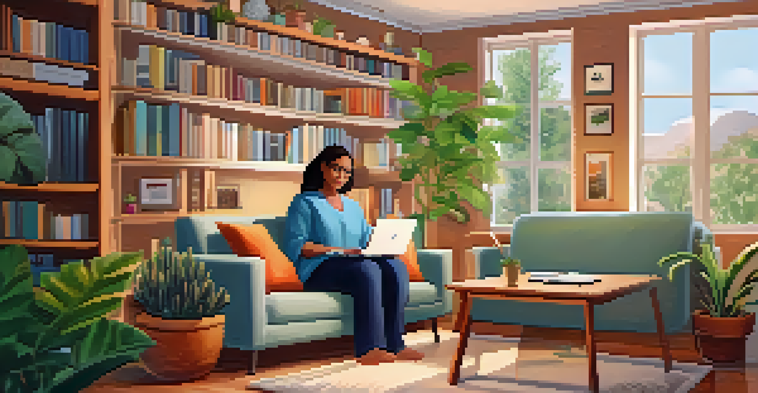 A patient at home on a video call with a healthcare professional, surrounded by a cozy and inviting living space.