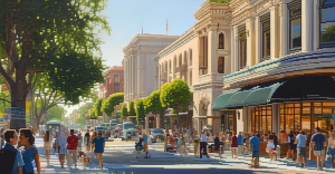 A busy street scene in Pasadena with people talking and historic buildings in the background.