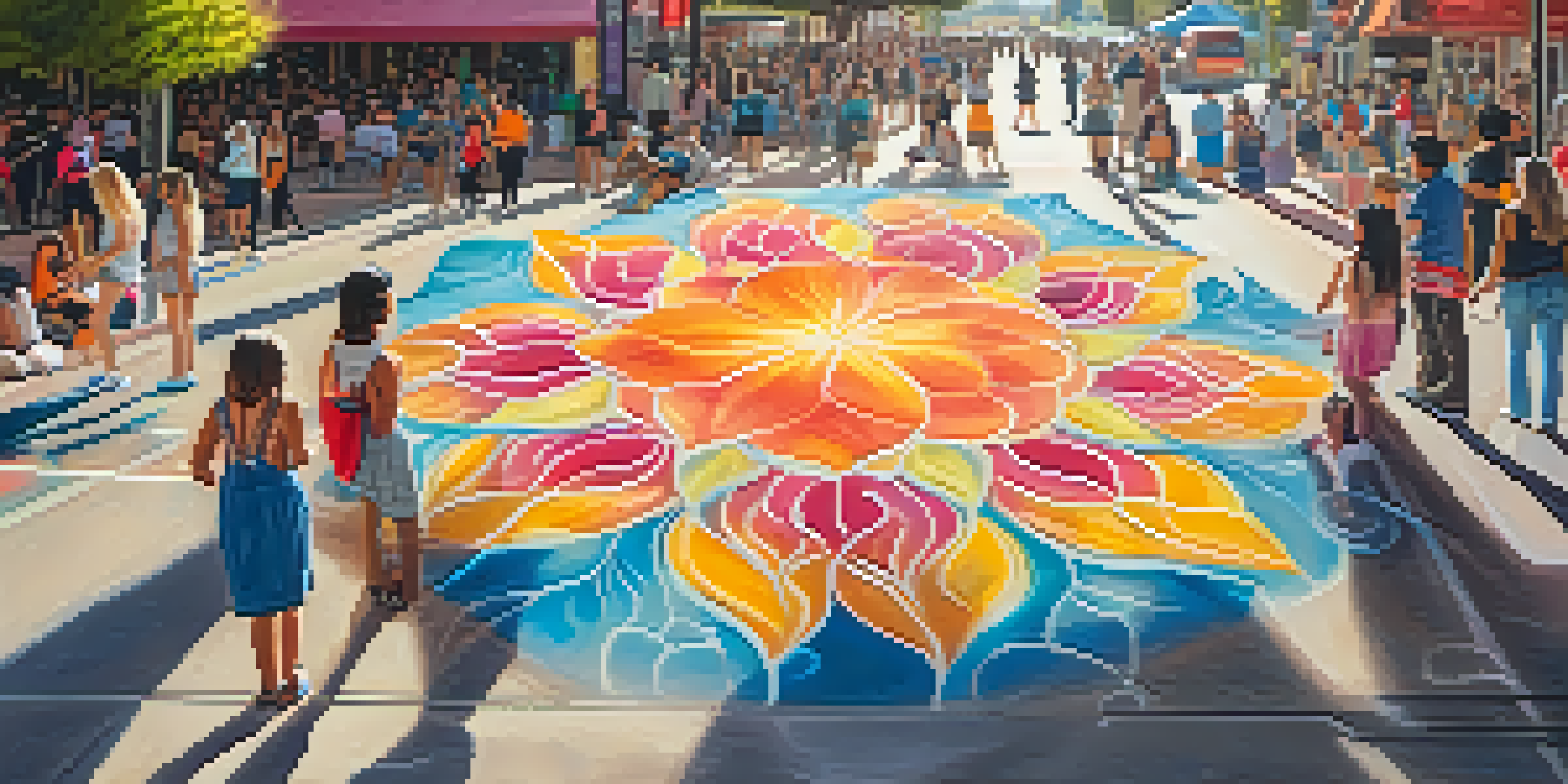 A lively street festival with artists creating colorful chalk art, surrounded by diverse groups of people and blooming flowers in bright sunlight.