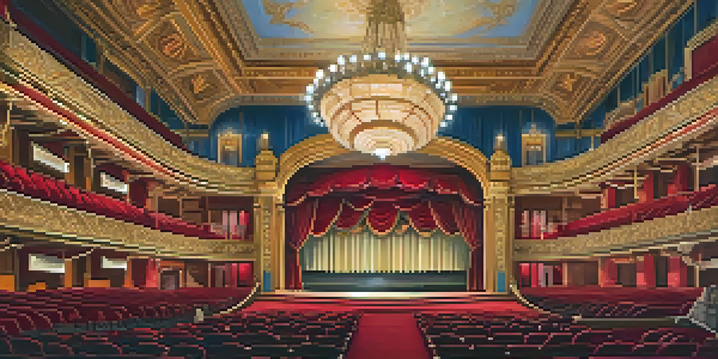 Interior view of Pasadena Playhouse with ornate ceiling and audience watching a play.