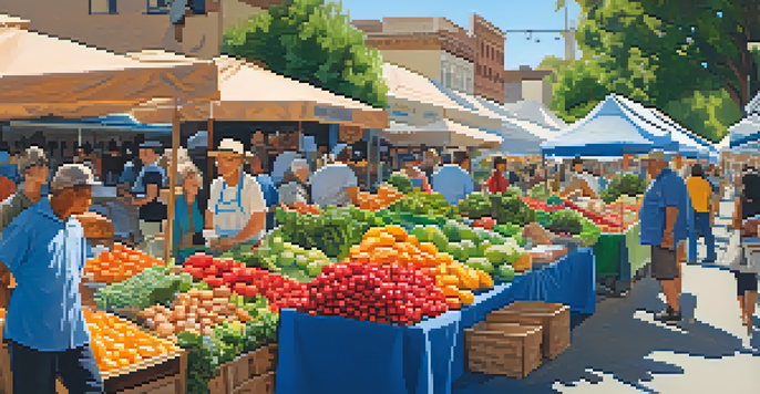 A lively farmer's market in Pasadena featuring colorful fruits and vegetables, happy shoppers, and artisanal goods under sunny skies.