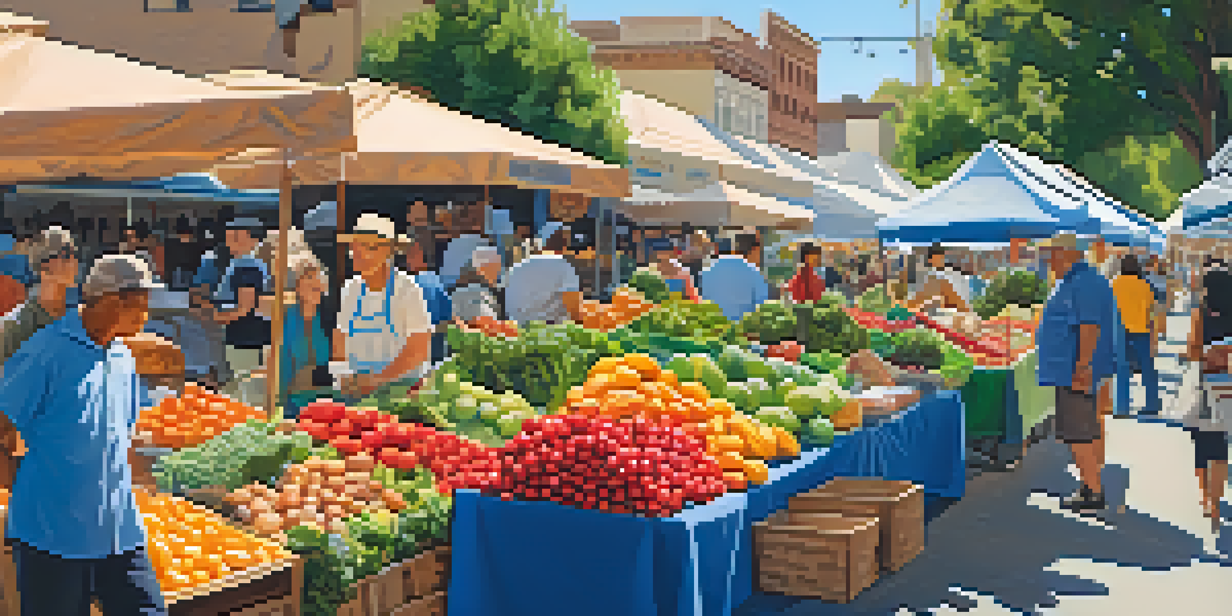 A lively farmer's market in Pasadena featuring colorful fruits and vegetables, happy shoppers, and artisanal goods under sunny skies.