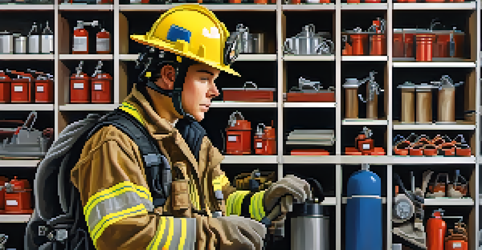 A volunteer firefighter cleans and maintains firefighting equipment, ensuring everything is in top condition.
