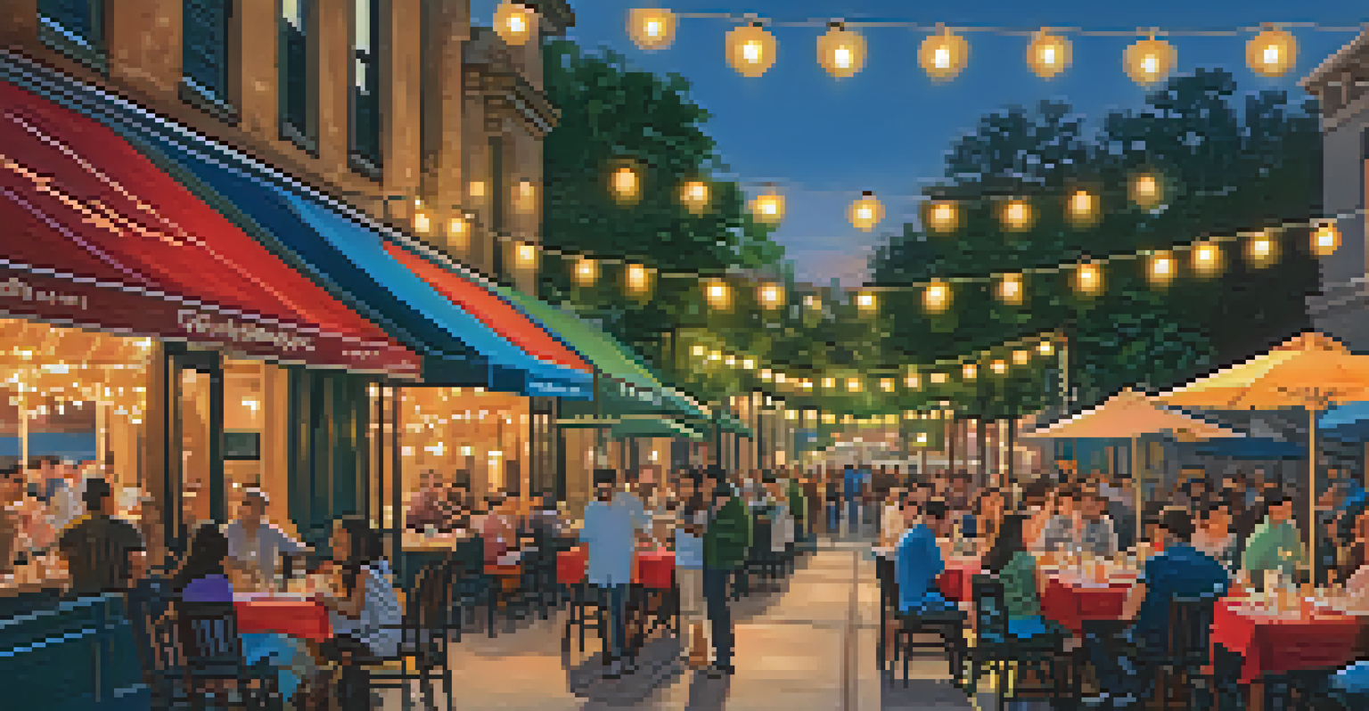 An outdoor dining area in Pasadena with string lights, happy diners, and historic buildings in the background.