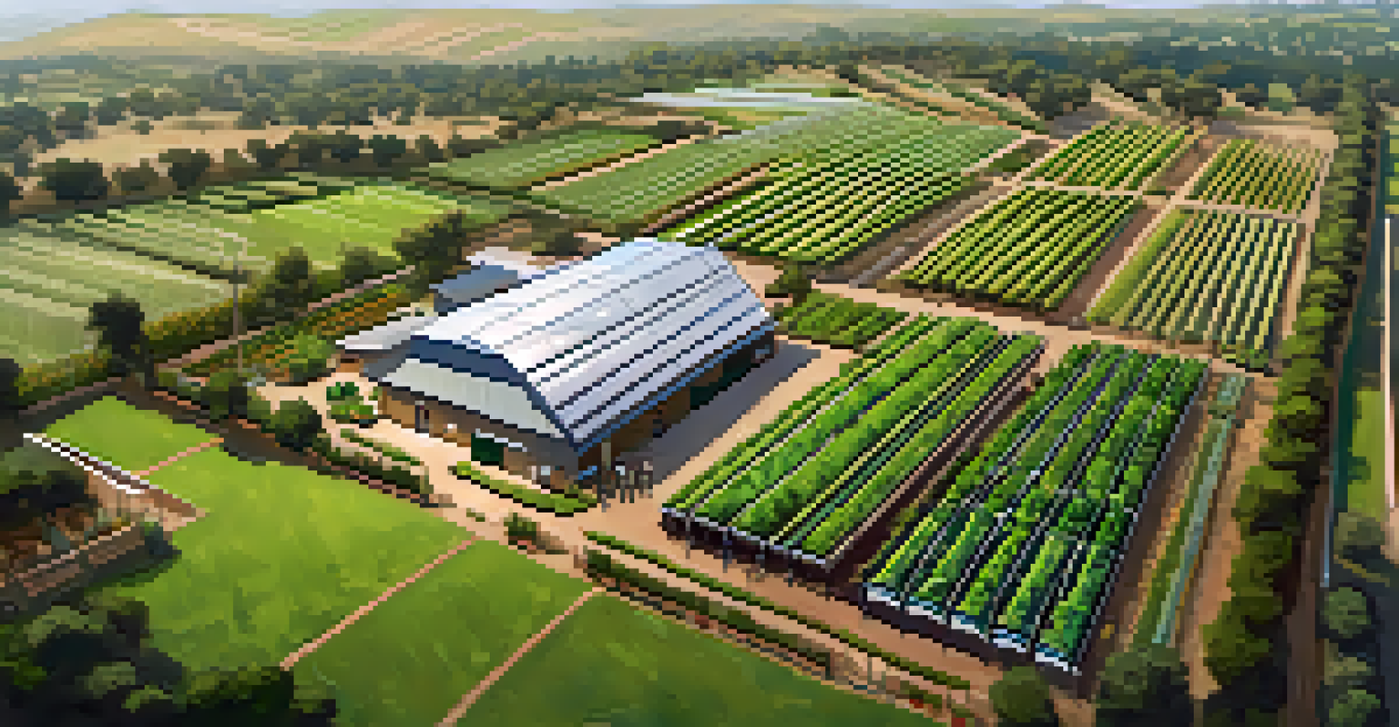 Aerial view of a sustainable farm in Pasadena with diverse crops, solar panels, and green landscapes, showcasing sustainable agricultural practices.