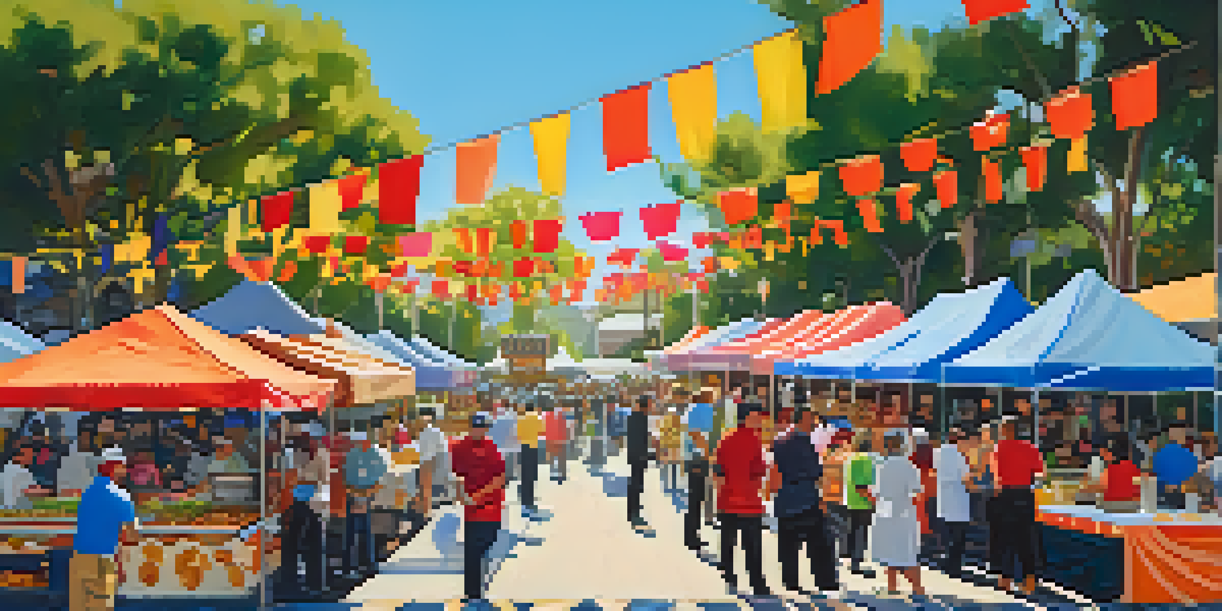 A bustling Pasadena food festival with colorful food stalls, chefs cooking, and diverse attendees enjoying various dishes under a clear sky.