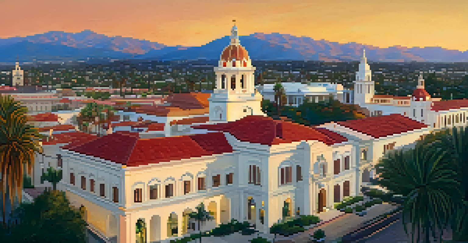 A panoramic sunset view of Pasadena featuring Spanish Colonial Revival architecture, including the Pasadena City Hall.