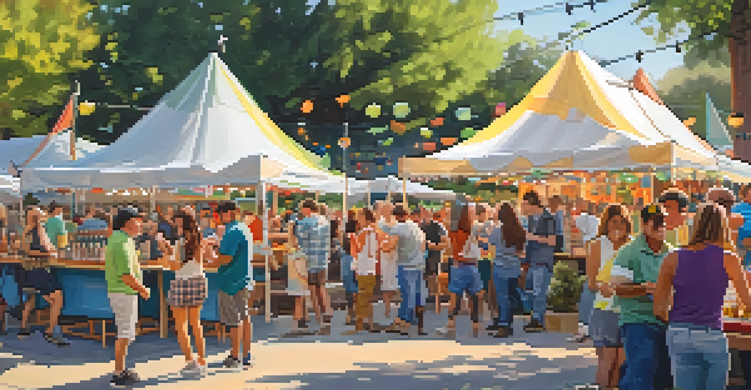 Outdoor beer festival with locals enjoying craft beers under colorful tents, surrounded by greenery and festive decorations.