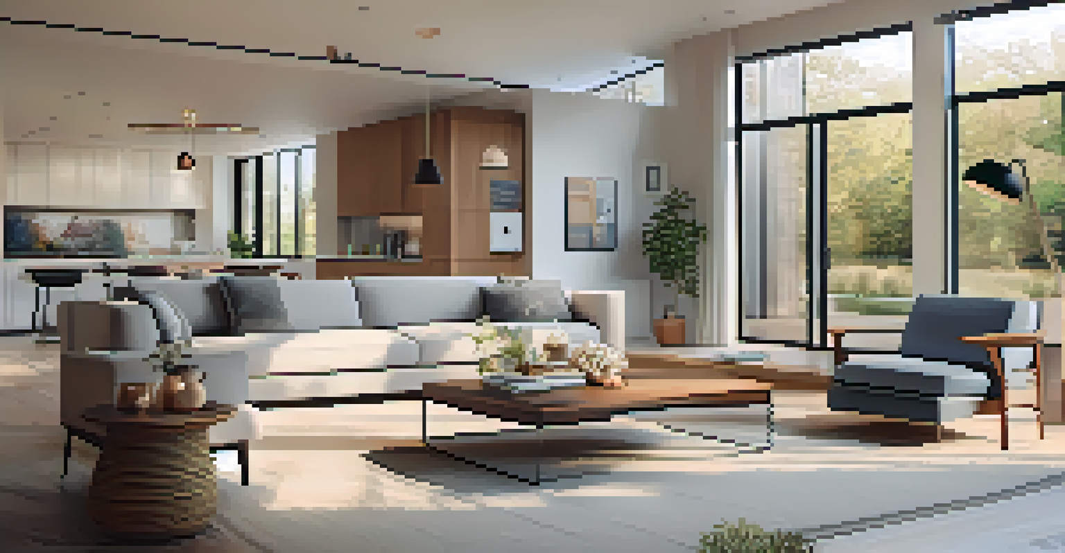 A stylish living room featuring smart home technology, modern furniture, and ample natural light, creating a warm and inviting atmosphere.