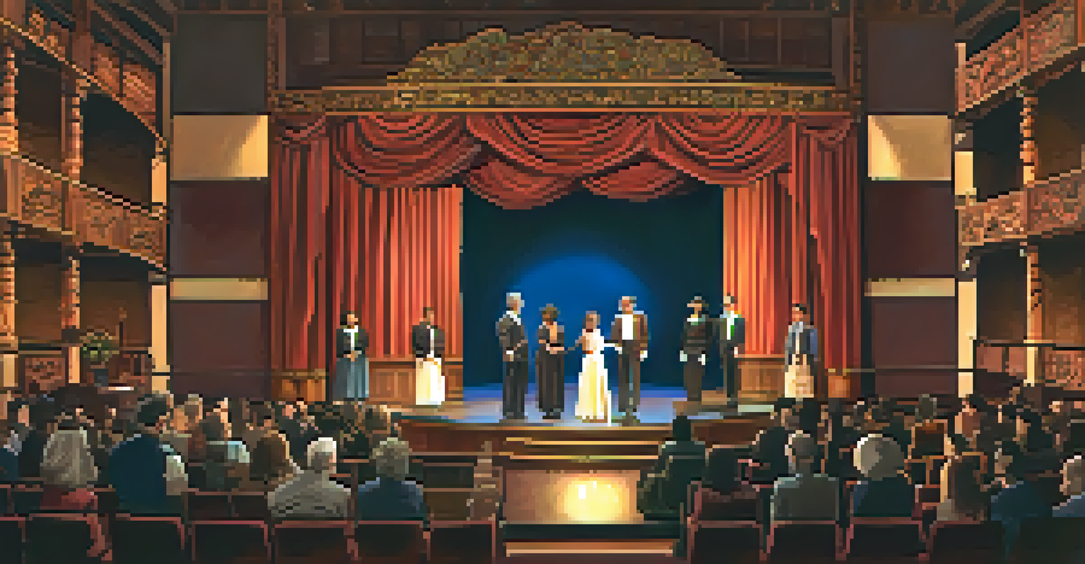 A diverse cast performing on stage at the Pasadena Playhouse with warm lighting and an engaged audience.