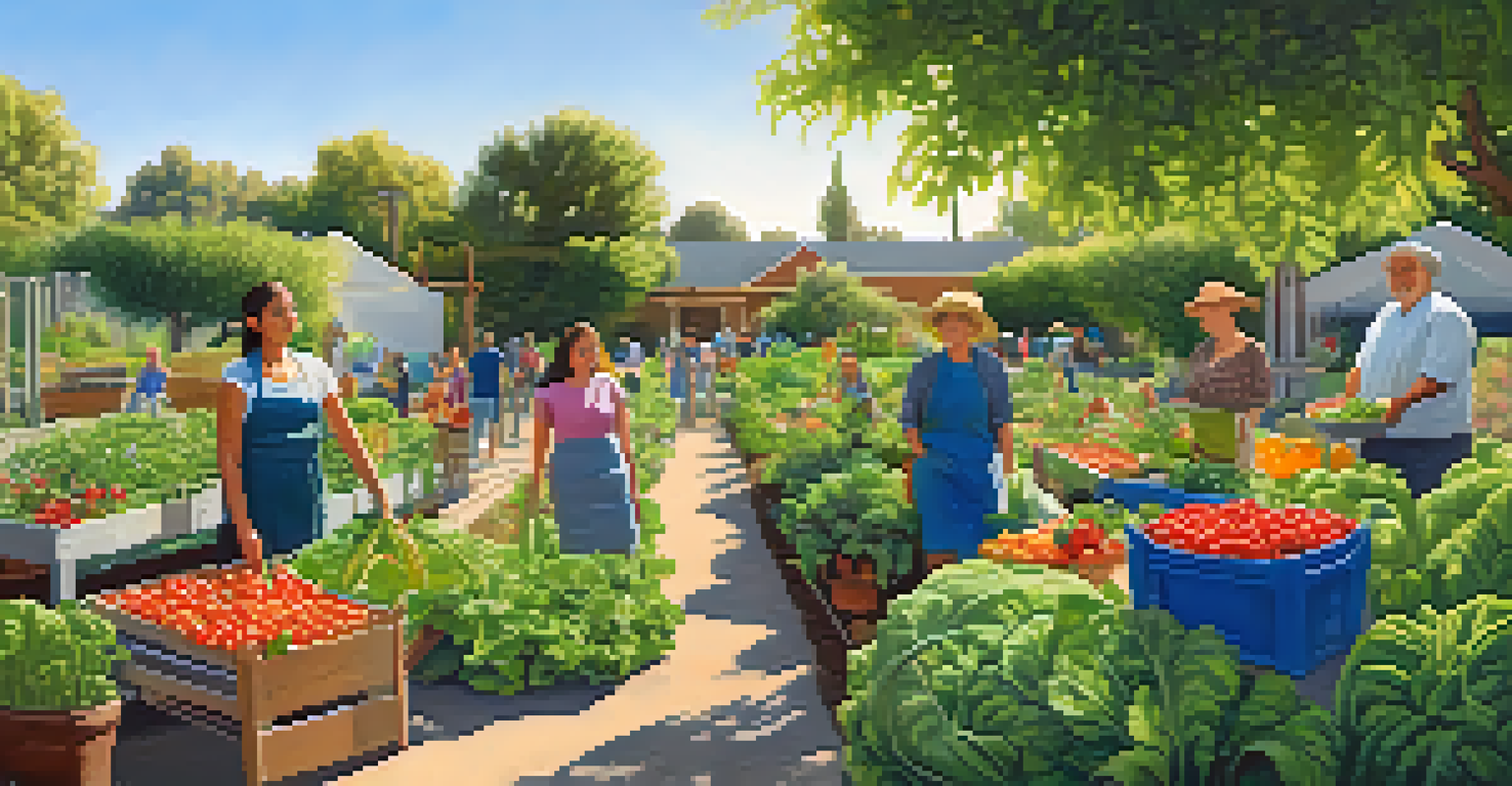 Families enjoying a community garden, harvesting fresh fruits and vegetables under a clear sky.