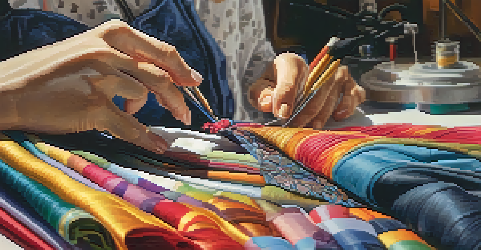 A close-up of a designer sewing a garment from recycled materials in a colorful design studio filled with fabrics and tools.