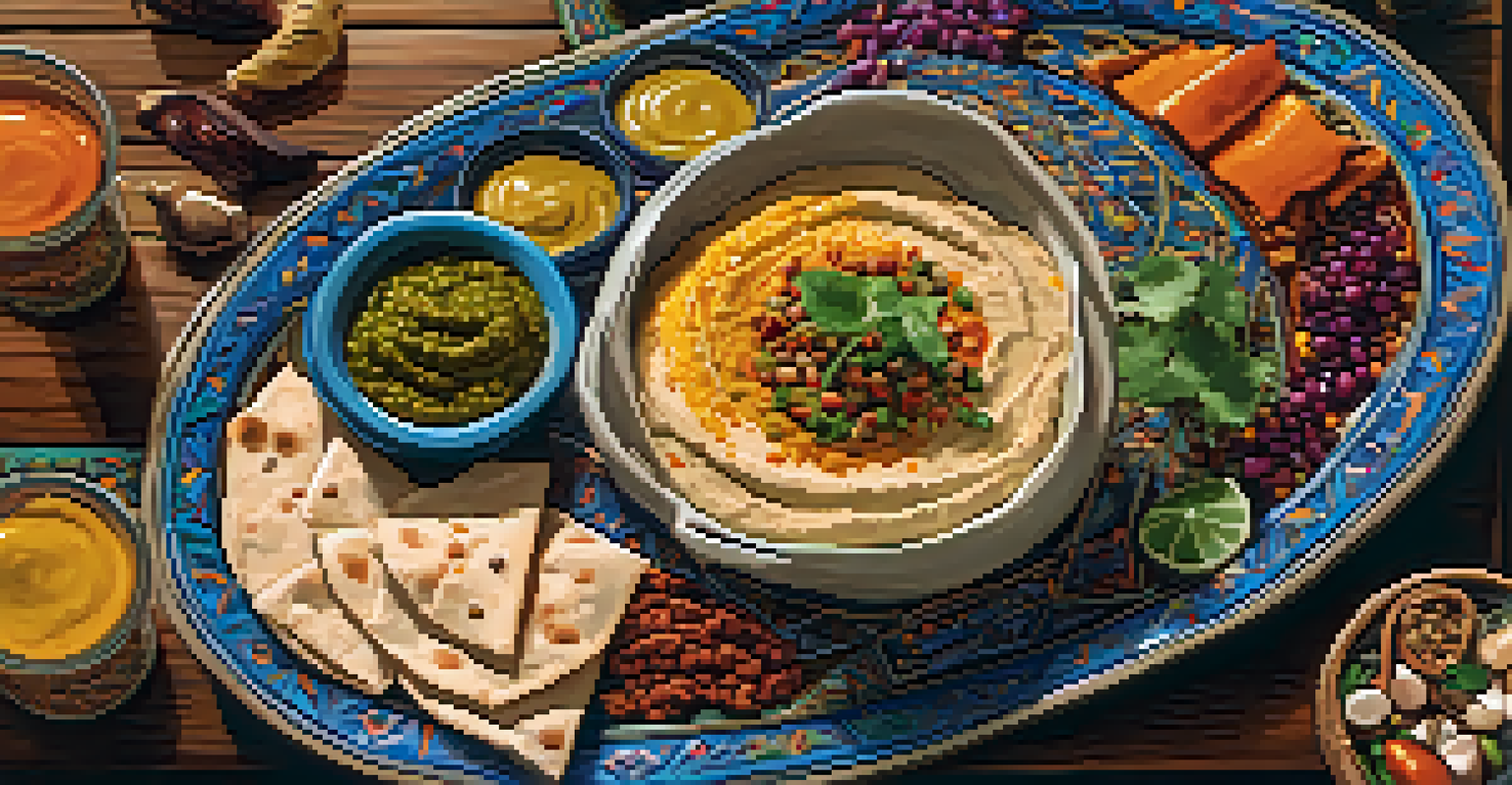 A rustic wooden table displaying a platter of Middle Eastern mezze with hummus, pita, and colorful dips, illuminated by candlelight.