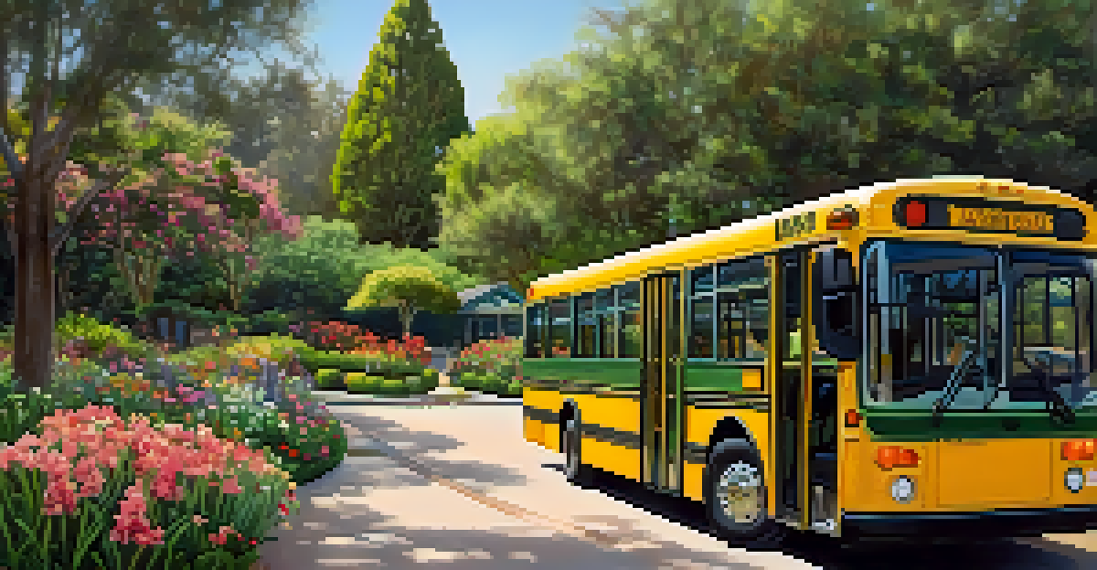 The beautiful Descanso Gardens with a Pasadena bus parked nearby, surrounded by blooming flowers and greenery.