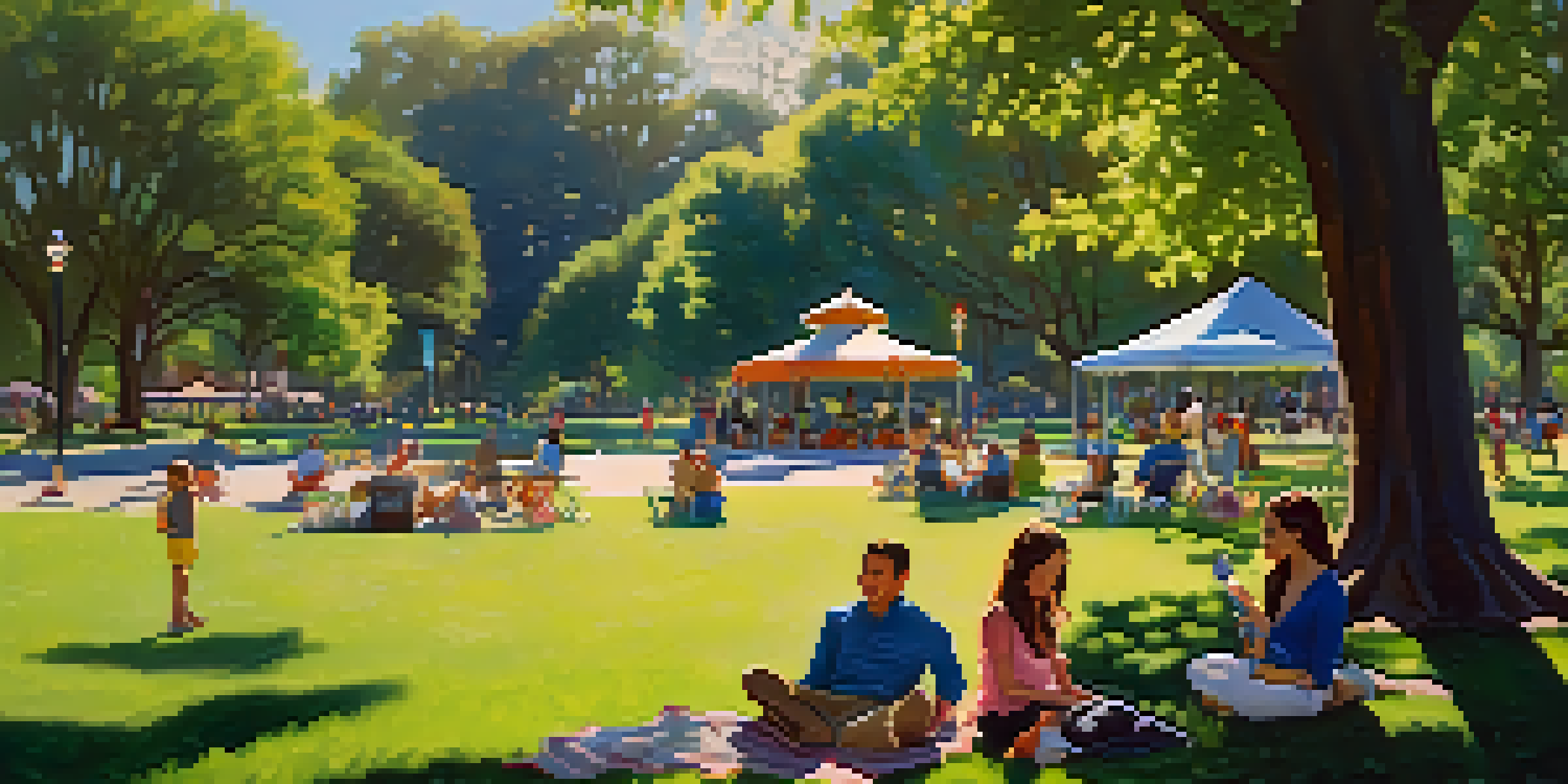 A vibrant park scene with families picnicking on green lawns surrounded by colorful flowers and trees, featuring a gazebo and kites flying in the sky.