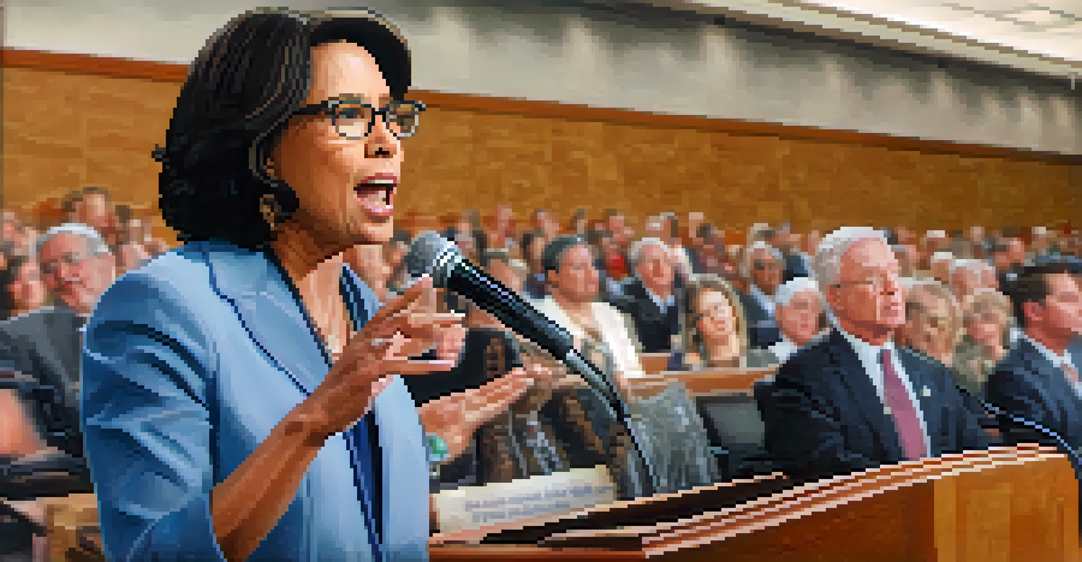 A close-up of a Pasadena city council member speaking passionately at a podium during a public meeting, with an attentive audience and a city logo banner in the background.