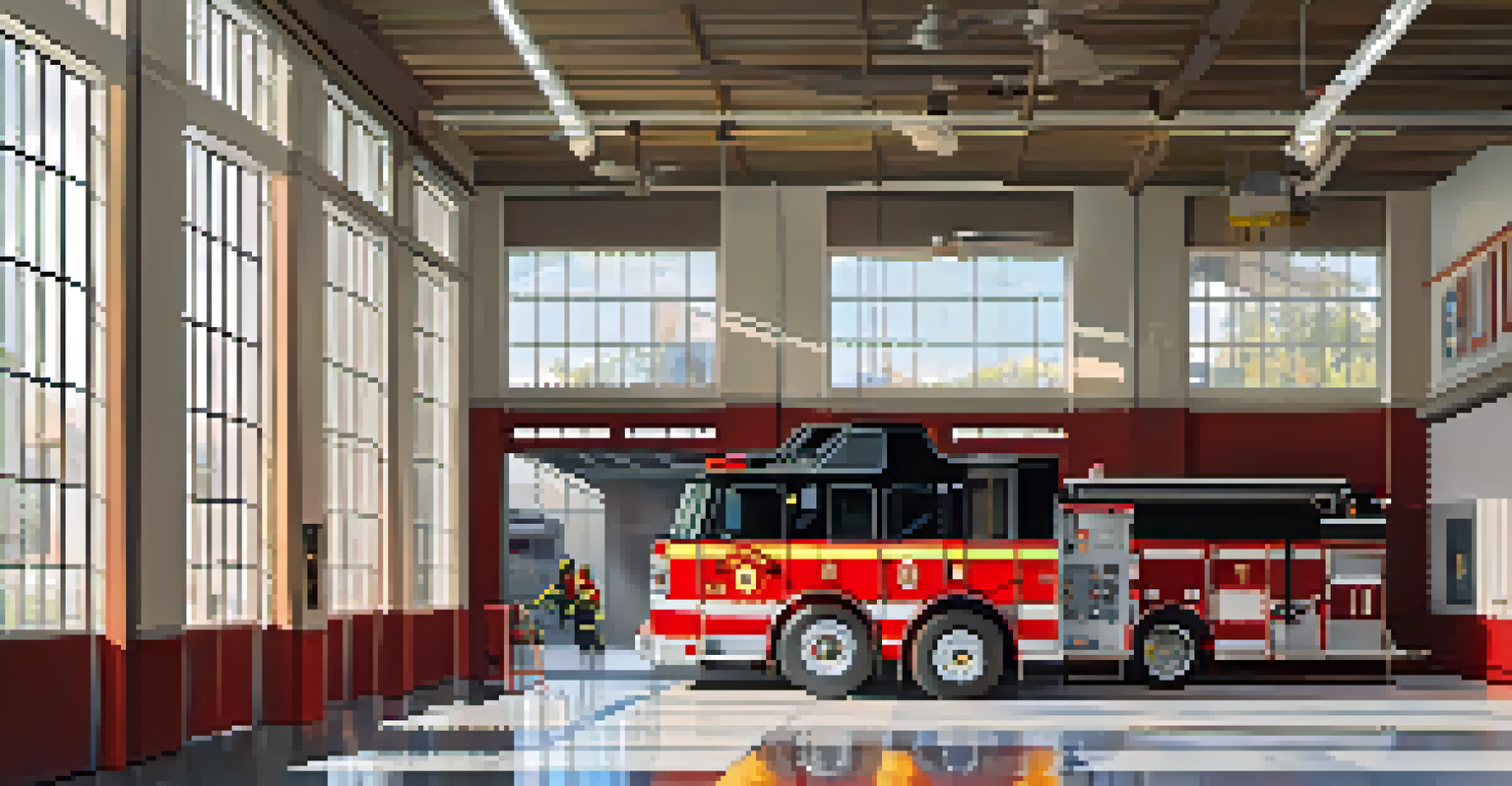 Interior of a fire station with firefighters training and modern equipment, illuminated by natural sunlight.