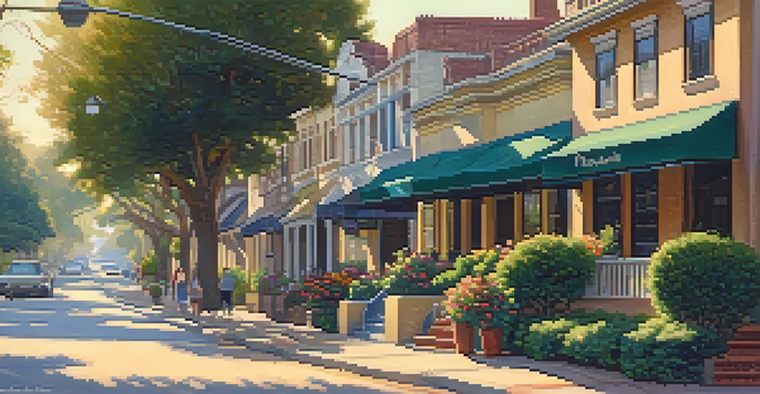A sunny street in Pasadena's historic district featuring beautiful early 20th-century buildings, greenery, and residents walking.