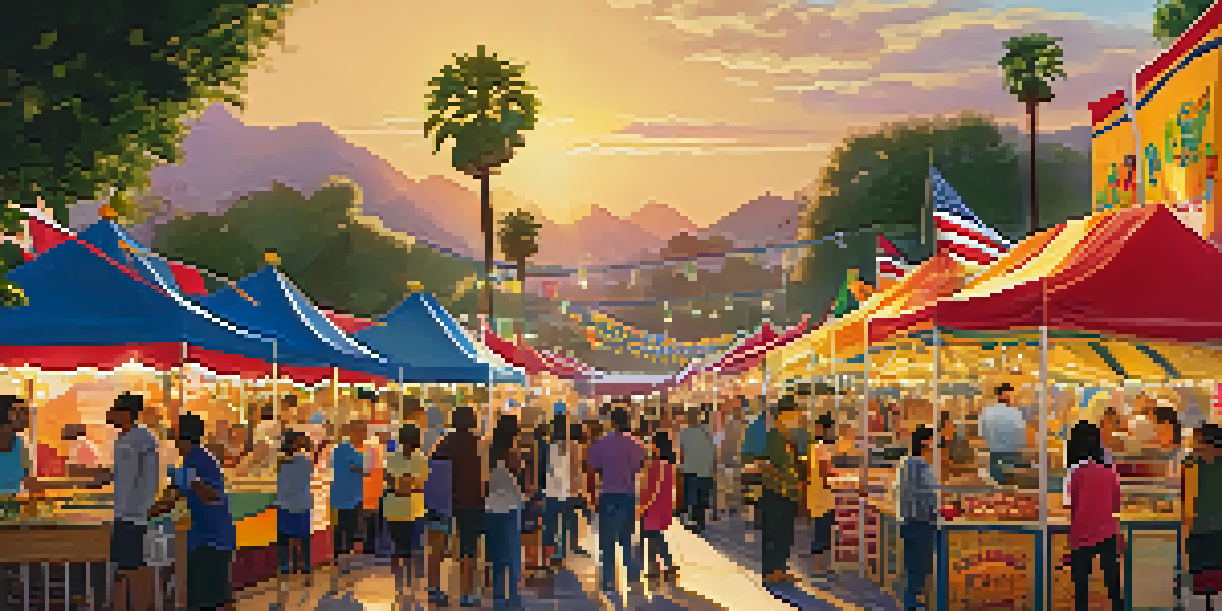 A lively festival in Pasadena with diverse people enjoying food and entertainment under a sunset sky.