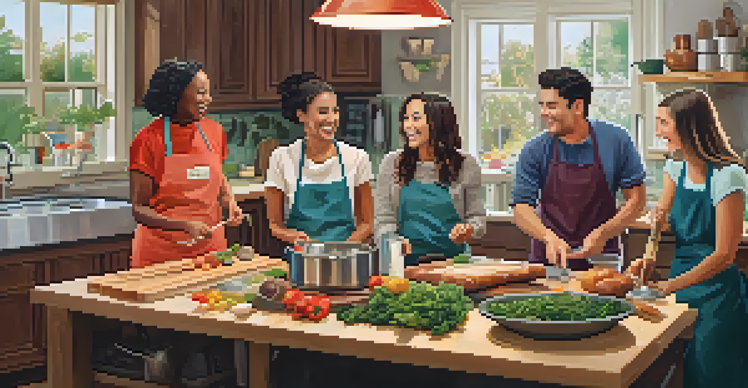 A group of friends enjoying a culinary workshop, cooking together and sharing laughter in a warmly lit kitchen.