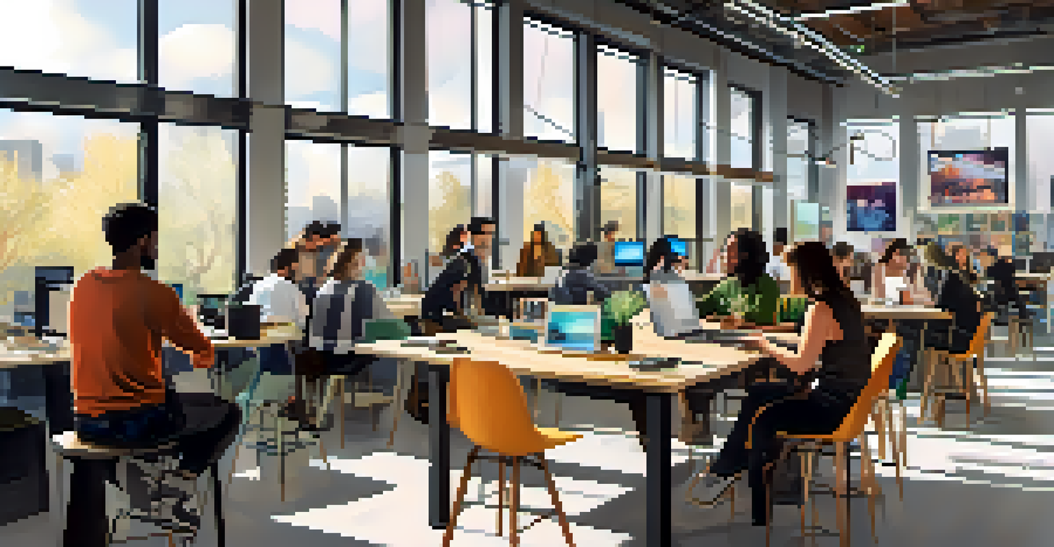 A modern co-working space in Pasadena where digital media creators are collaborating, with bright lighting and creative tools around.