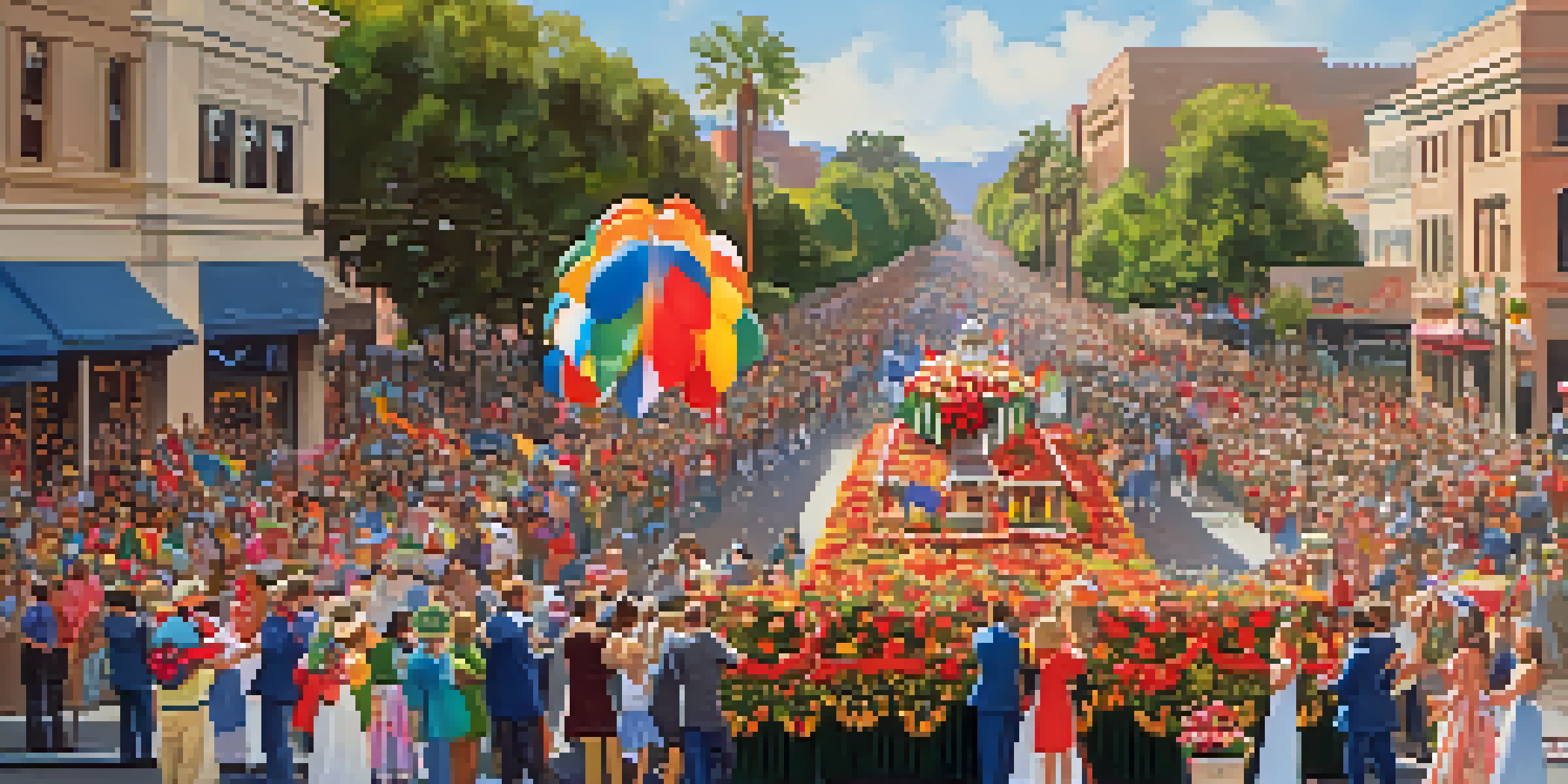 A lively Rose Parade with floral floats and cheering spectators along Colorado Boulevard under a sunny sky.