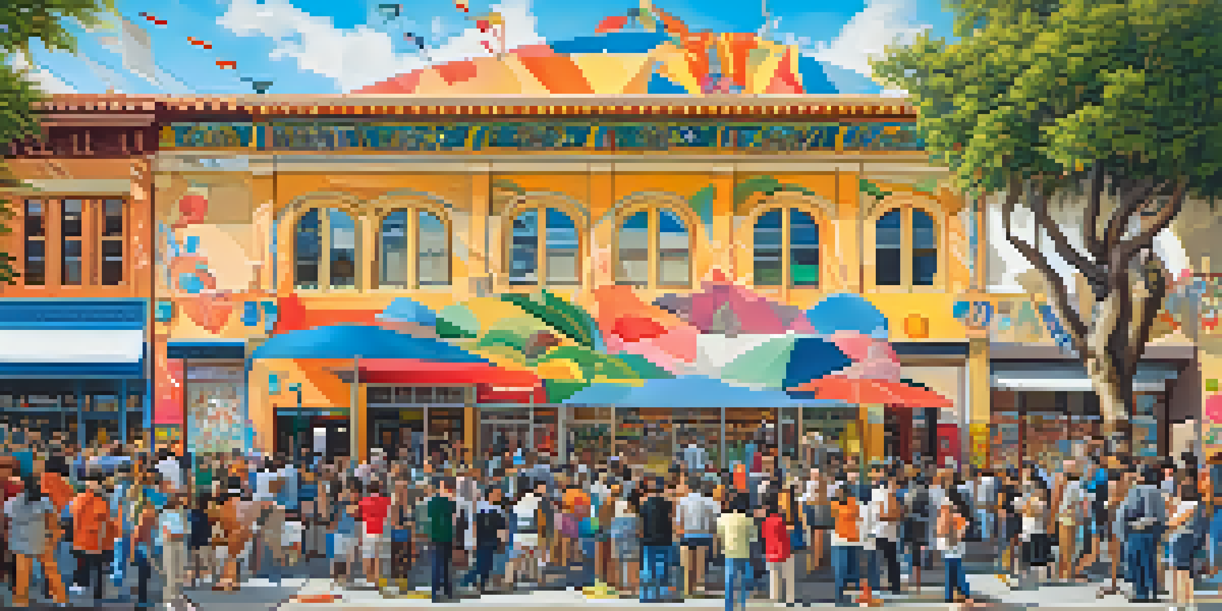 A sunny mural in Pasadena showcasing diverse cultural elements, with artists painting and a crowd watching.