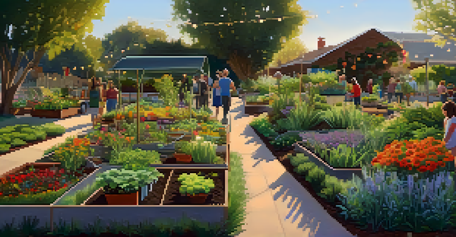 A community garden in Pasadena with vibrant plants and flowers, where residents learn about composting in warm evening light.