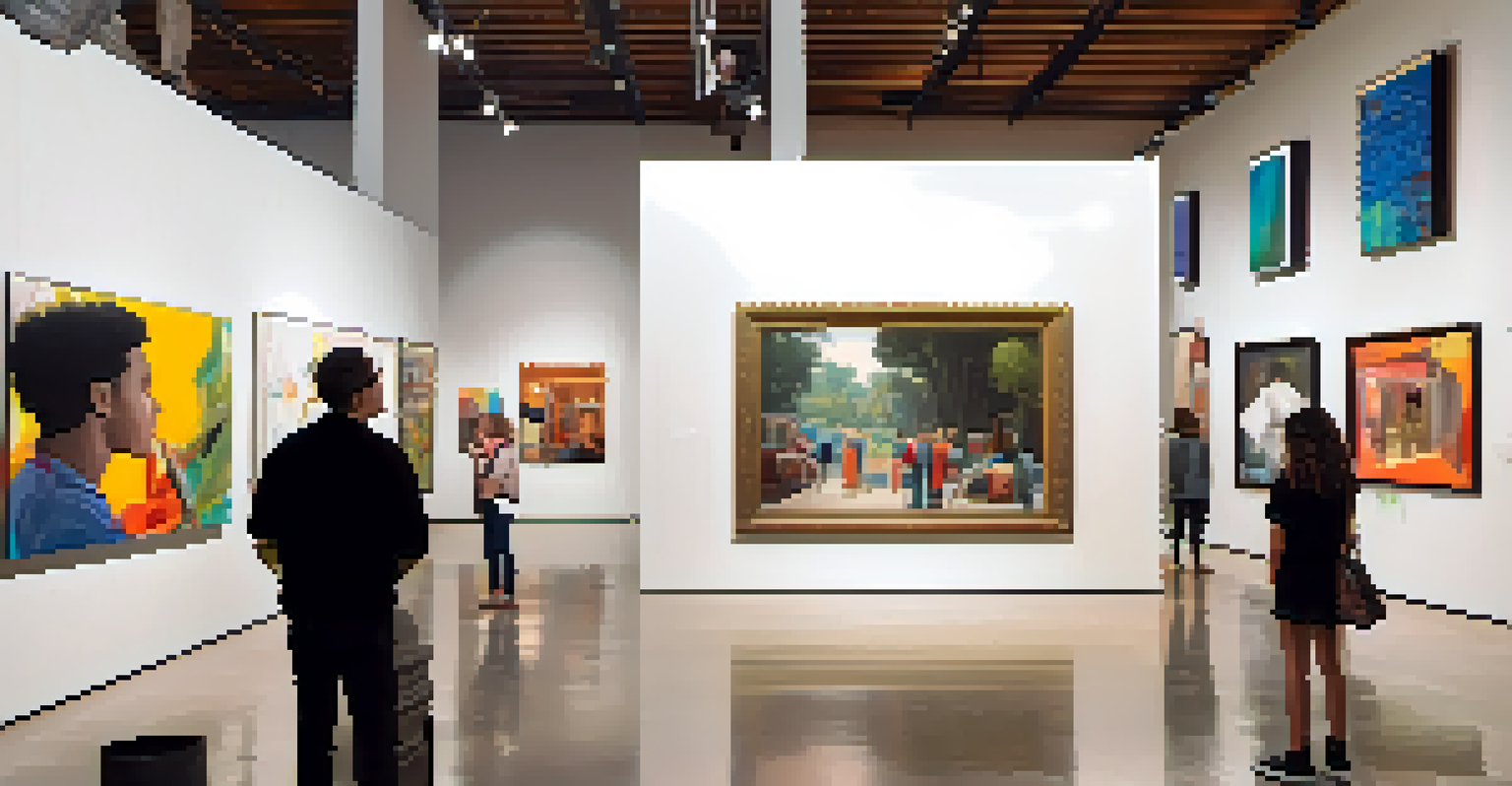 An indoor gallery in Pasadena showcasing diverse artworks from local artists, with visitors exploring the space.